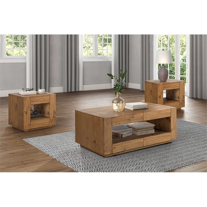 Bowery Hill Contemporary Square End Table with 2 Drawers in Oak