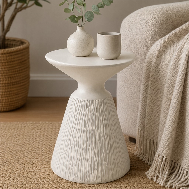 Bowery Hill Cement Concrete Accent Table in Natural White Finish
