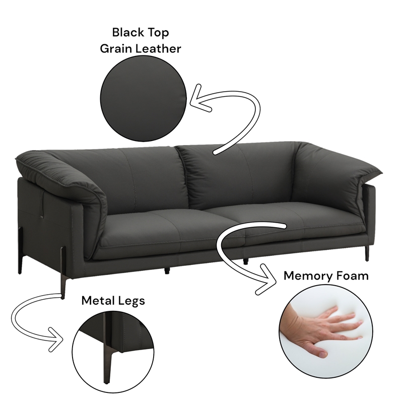 Bowery Hill Top Grain Leather Sofa with Metal Legs in Black