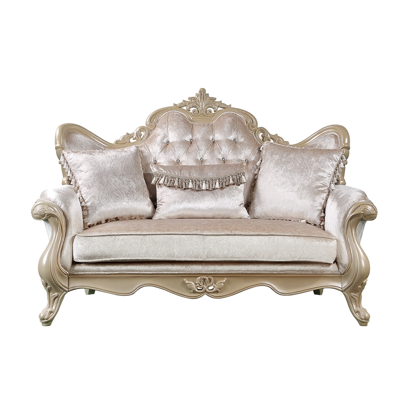 Bowery Hill Upholstered Loveseat with 3 Pillows in Beige and Champagne Finish