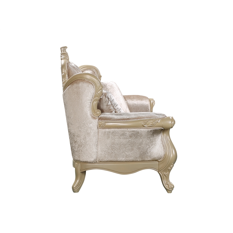 Bowery Hill Upholstered Loveseat with 3 Pillows in Beige and Champagne Finish