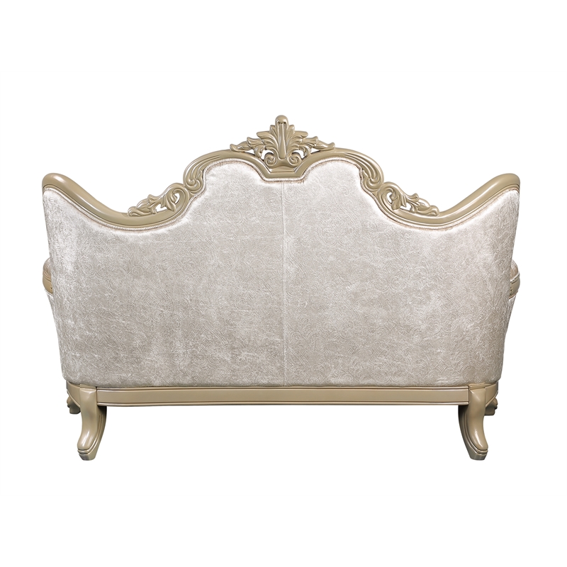 Bowery Hill Upholstered Loveseat with 3 Pillows in Beige and Champagne Finish