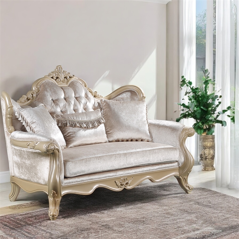Bowery Hill Upholstered Loveseat with 3 Pillows in Beige and Champagne Finish