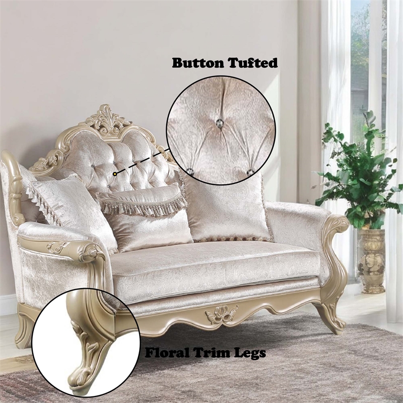 Bowery Hill Upholstered Loveseat with 3 Pillows in Beige and Champagne Finish