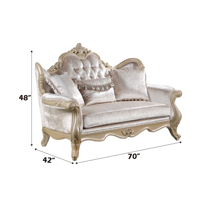 Bowery Hill Upholstered Loveseat with 3 Pillows in Beige and Champagne Finish