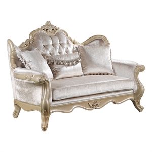 Bowery Hill Upholstered Loveseat with 3 Pillows in Beige and Champagne Finish