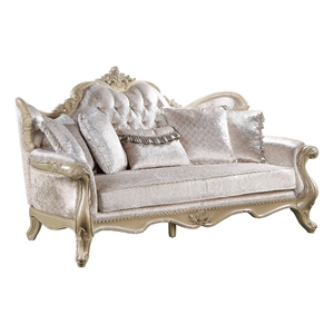 Bowery Hill Upholstered Sofa with 5 Pillows in Beige and Champagne Finish