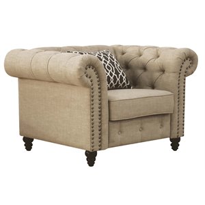 Bowery Hill Nail-head Trim Tufted Chair with Pillow in Beige Linen