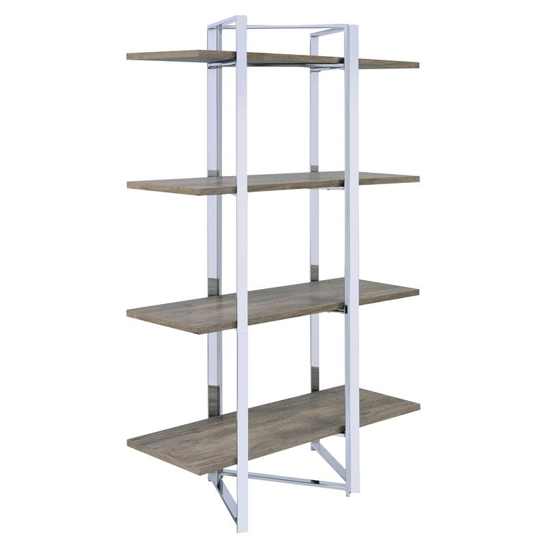 Bowery Hill Bookshelf with 4 Wooden Fixed Shelves in Chrome Metal