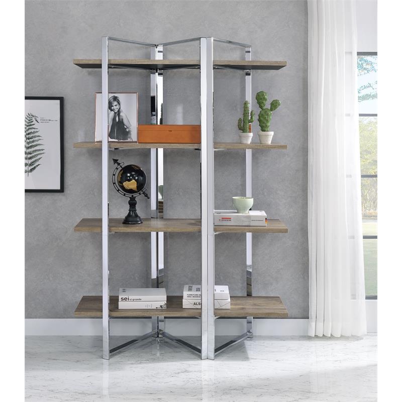 Bowery Hill Bookshelf with 4 Wooden Fixed Shelves in Chrome Metal