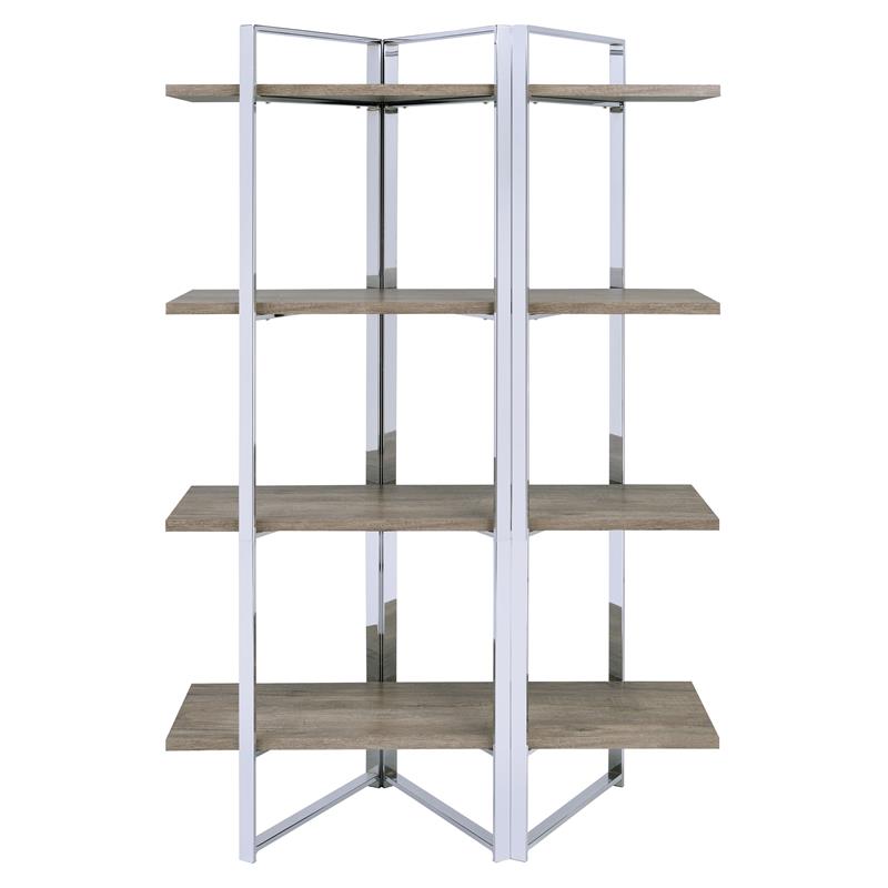 Bowery Hill Bookshelf with 4 Wooden Fixed Shelves in Chrome Metal