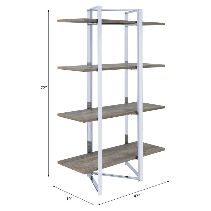 Bowery Hill Bookshelf with 4 Wooden Fixed Shelves in Chrome Metal