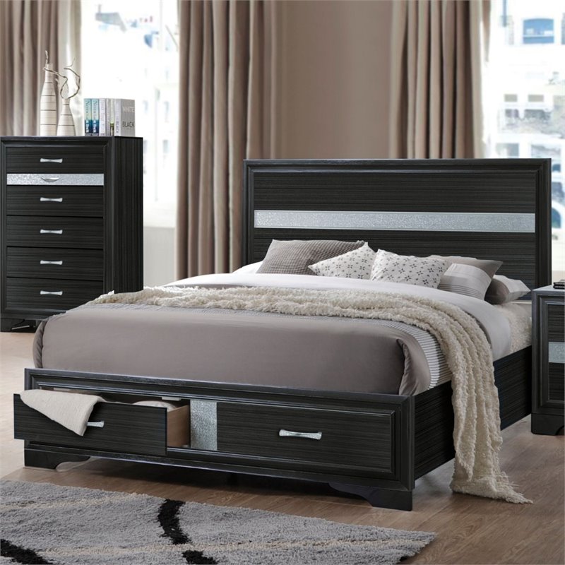 Bowery Hill Queen Storage Bed with Panel Headboard in Black Wood