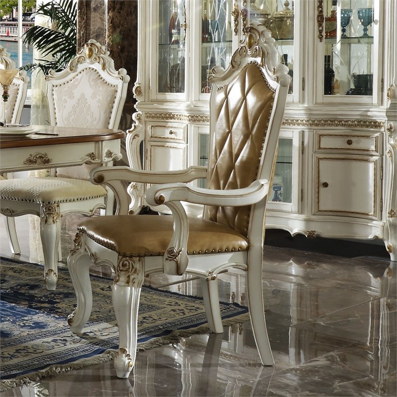 Bowery Hill Set of 2 Faux Leather Armchairs in Antique Pearl Upholstery