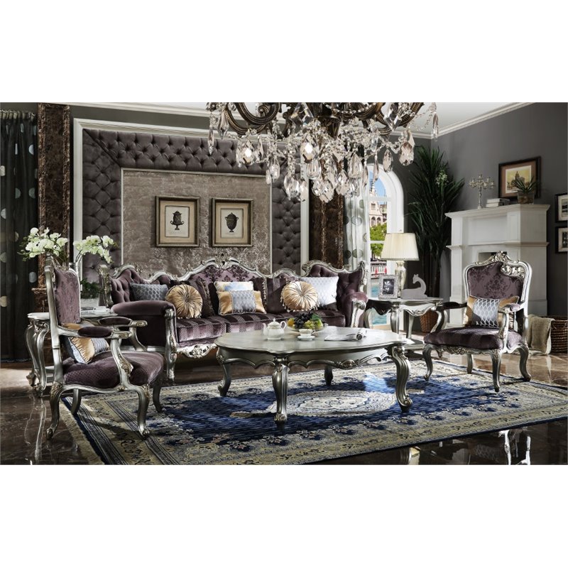 Bowery Hill Sofa with 8 Pillows in Velvet and Antique Platinum Finish