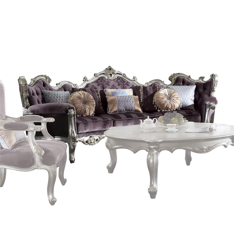 Bowery Hill Sofa with 8 Pillows in Velvet and Antique Platinum Finish