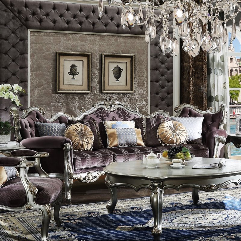 Bowery Hill Sofa with 8 Pillows in Velvet and Antique Platinum Finish