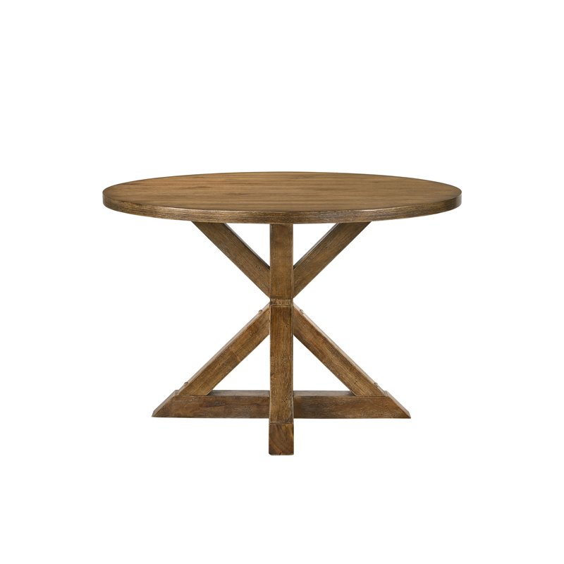 Bowery Hill Wallace II Round Dining Table with Wooden Trestle Base in Oak