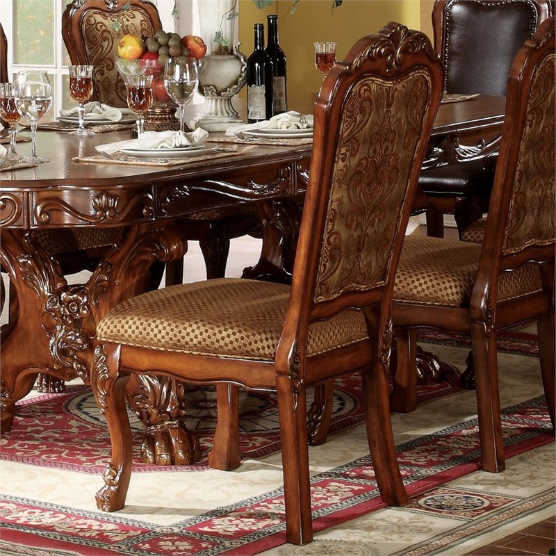 Bowery Hill Armless Side Chair Set of 2 in Fabric and Cherry Oak