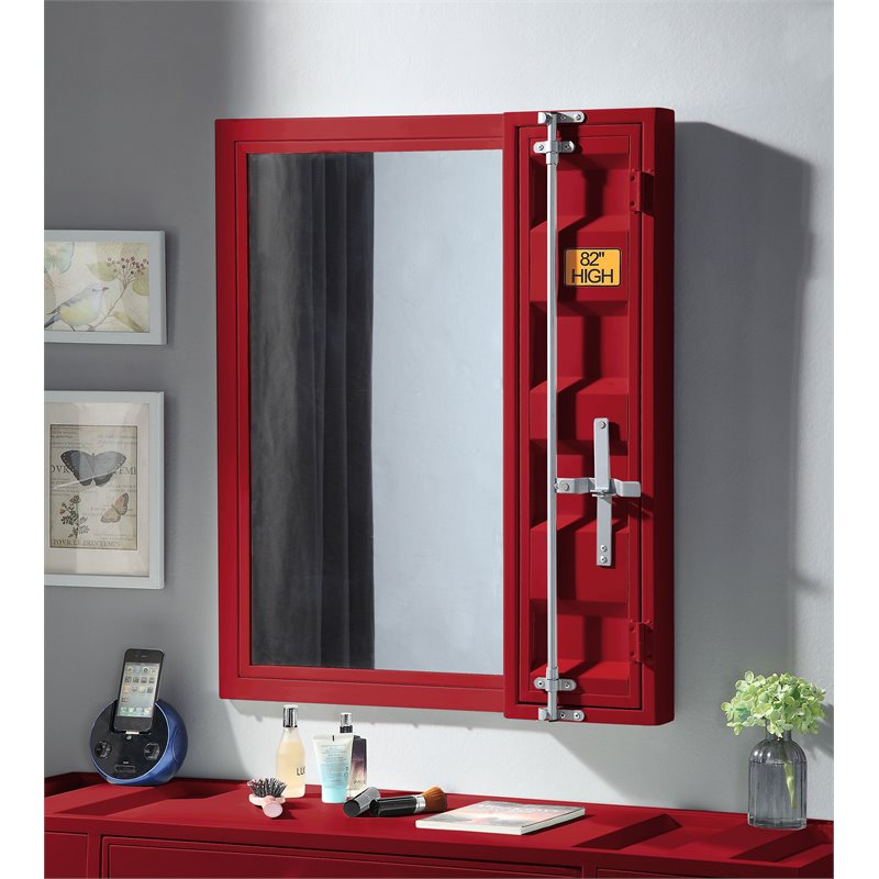 Bowery Hill Full-Length Metal Vanity Mirror with Storage in Red