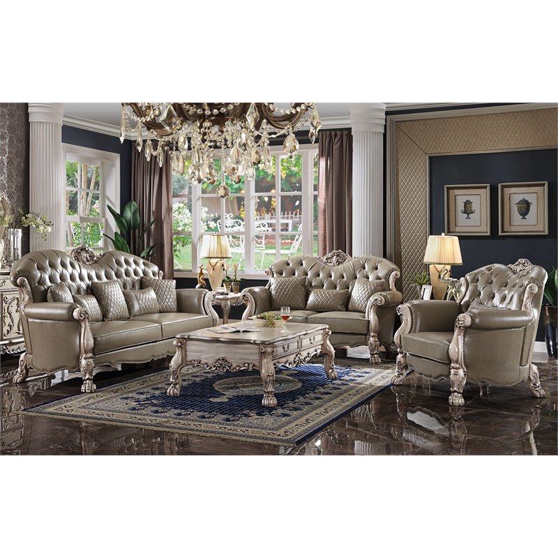 Bowery Hill Tufted Upholstered Sofa with 5 Pillows in Vintage Bone White