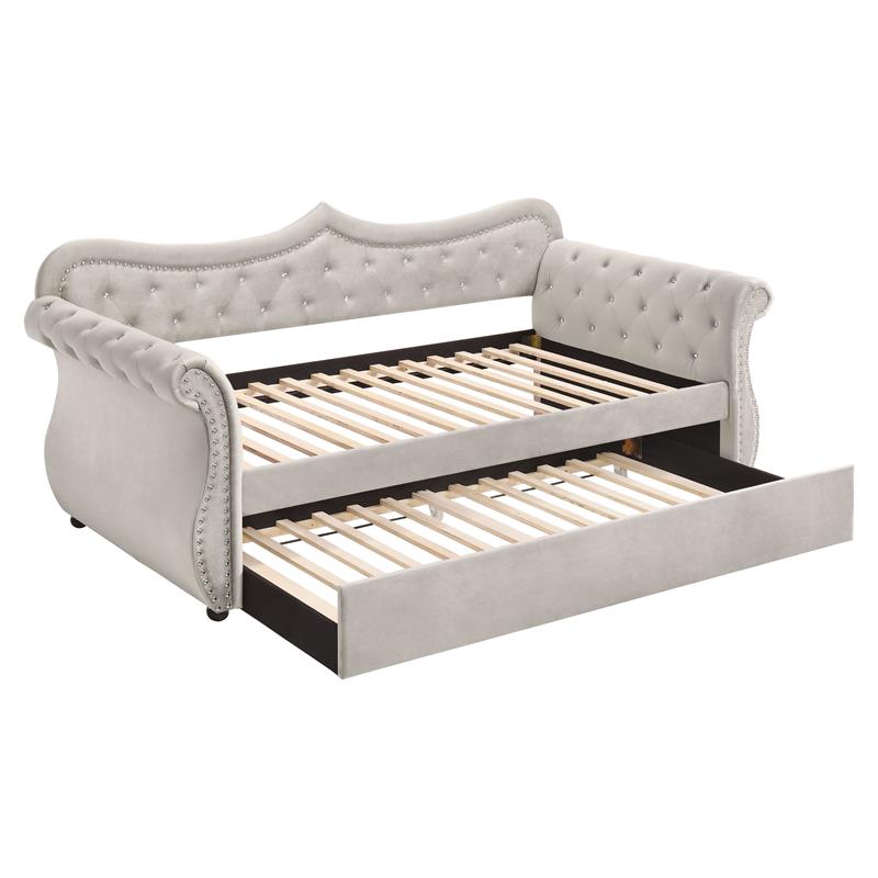 Bowery Hill Tufted Upholstered Twin Daybed and Trundle in Beige Velvet