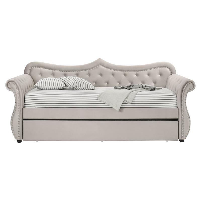 Bowery Hill Tufted Upholstered Twin Daybed and Trundle in Beige Velvet