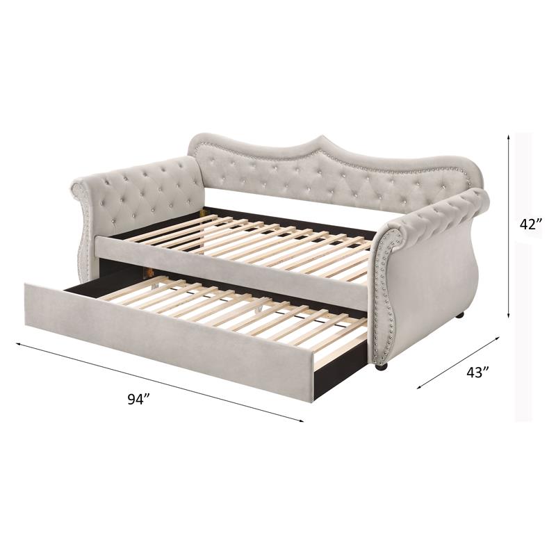 Bowery Hill Tufted Upholstered Twin Daybed and Trundle in Beige Velvet