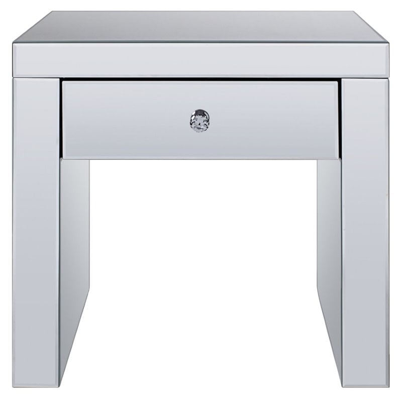 Bowery Hill Fully Mirrored End Table with Storage Drawer in Faux Diamonds