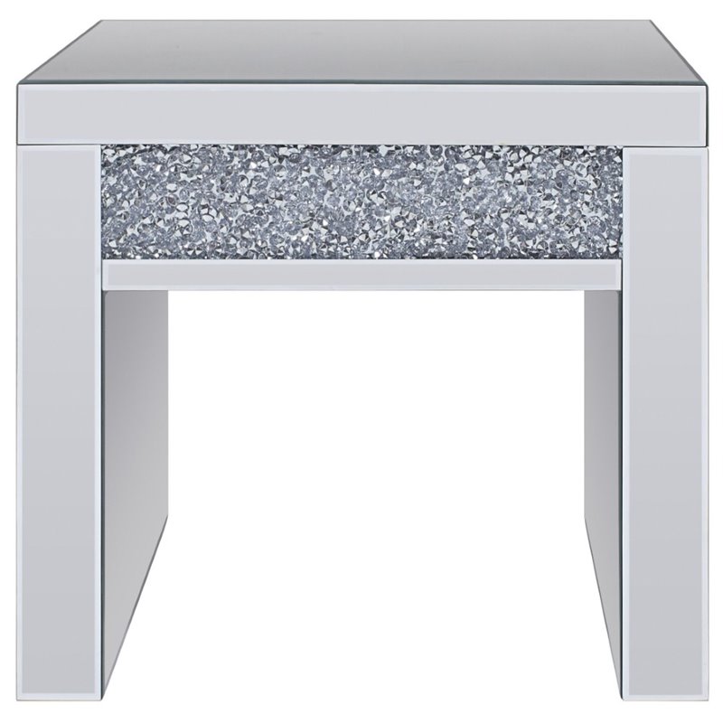 Bowery Hill Fully Mirrored End Table with Storage Drawer in Faux Diamonds