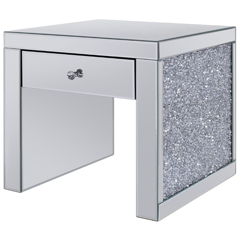 Bowery Hill Fully Mirrored End Table with Storage Drawer in Faux Diamonds
