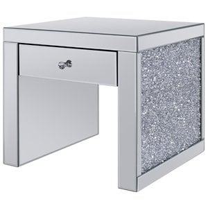 Bowery Hill Fully Mirrored End Table with Storage Drawer in Faux Diamonds