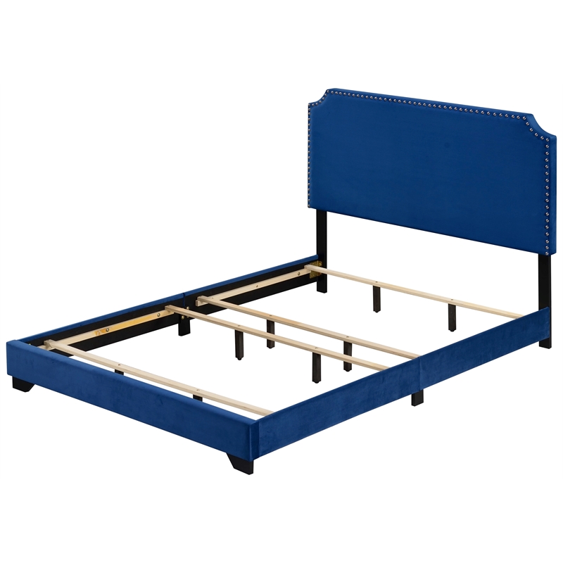Bowery Hill Fabric Upholstered Queen Bed with Nailhead Trim in Blue