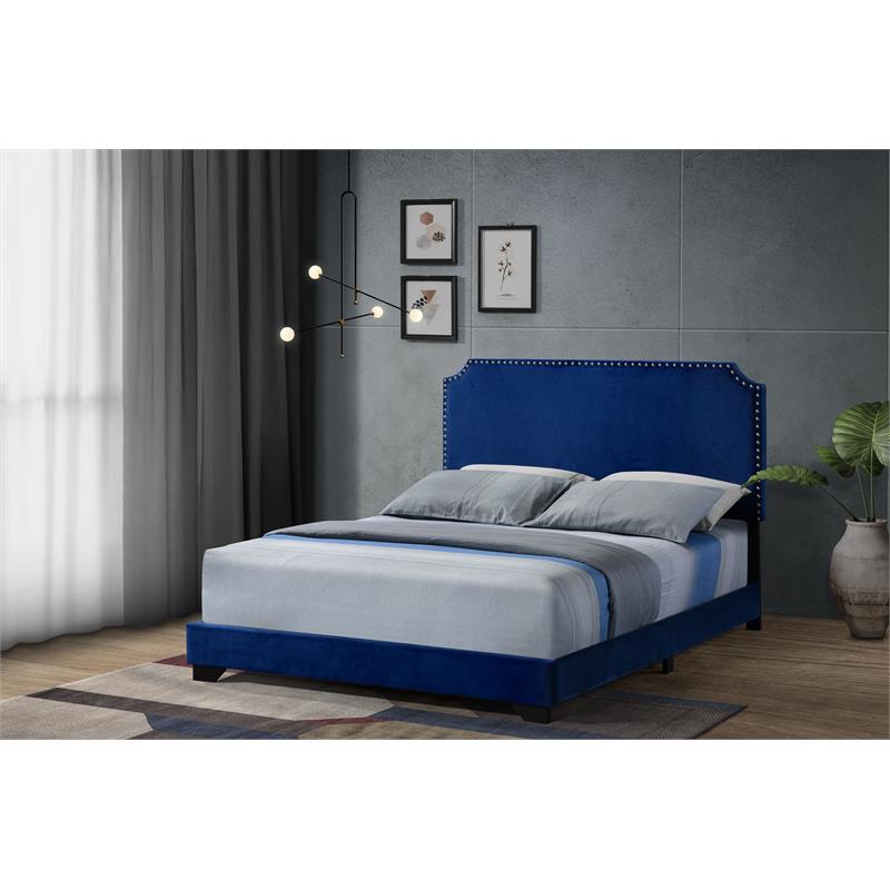 Bowery Hill Fabric Upholstered Queen Bed with Nailhead Trim in Blue