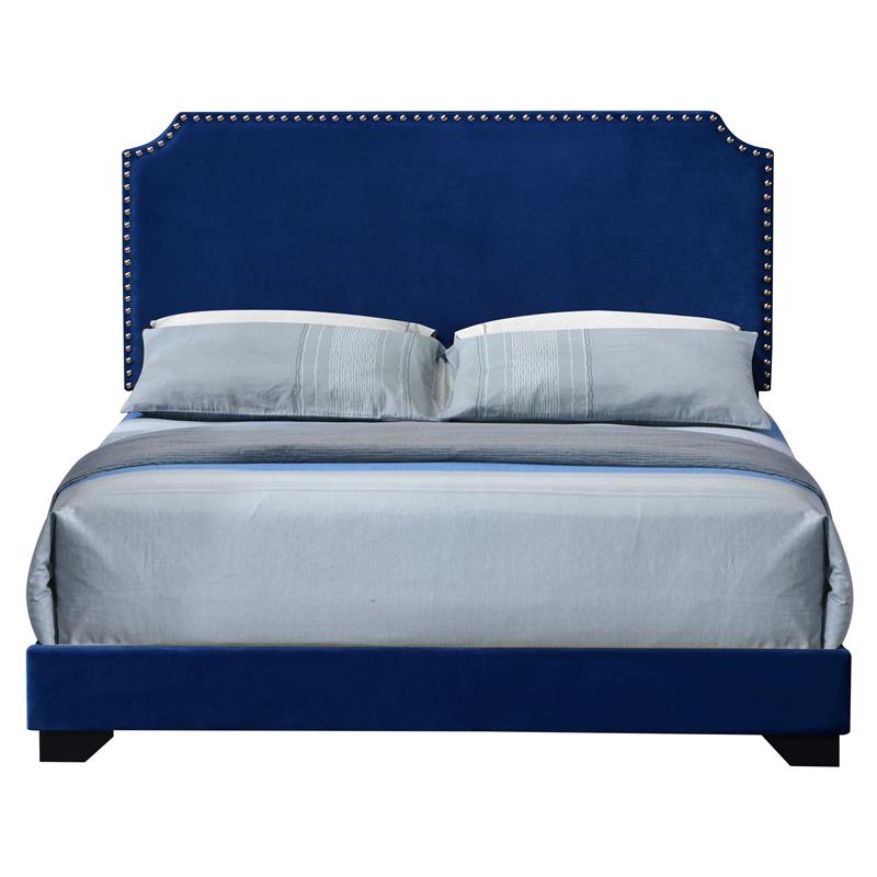 Bowery Hill Fabric Upholstered Queen Bed with Nailhead Trim in Blue