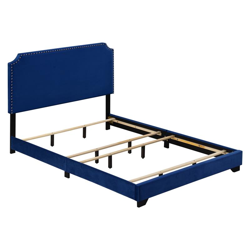 Bowery Hill Fabric Upholstered Queen Bed with Nailhead Trim in Blue