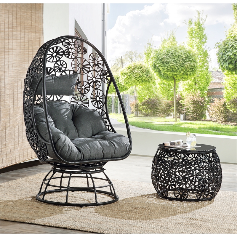 Bowery Hill Wicker Patio Lounge Chair and Side Table in Charcoal and Black