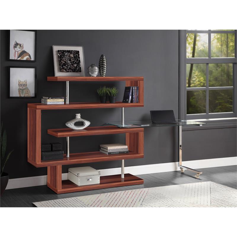 Bowery Hill Glass Top Writing Desk in Chrome and Walnut High Gloss