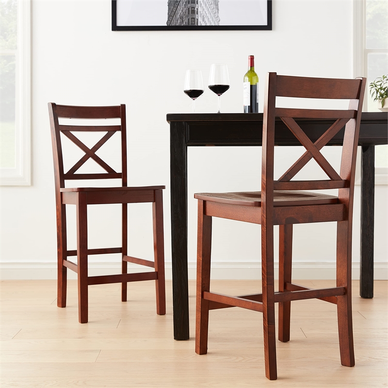 Bowery Hill Wooden Counter Height Chair with X-Back Set of 2 in Cherry