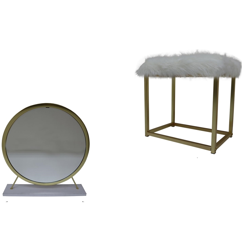 Bowery Hill Vanity Mirror and Stool Set in Faux Fur - White and Chrome
