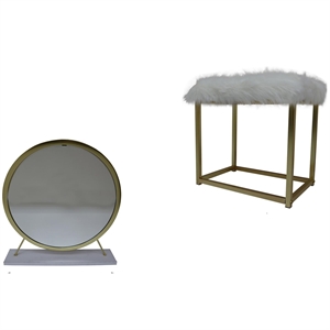 Bowery Hill Vanity Mirror and Stool Set in Faux Fur - White and Chrome