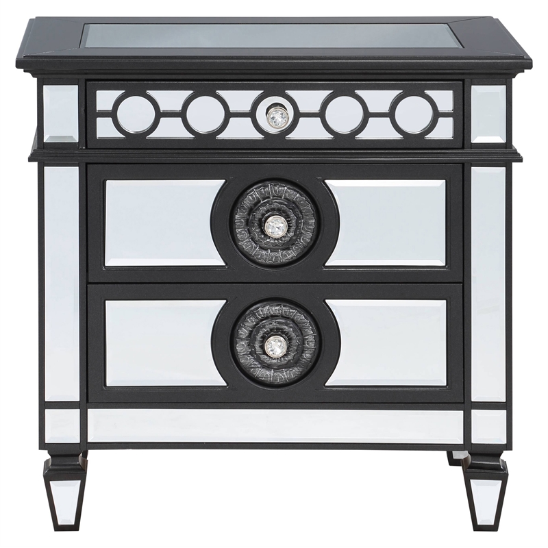 Bowery Hill Mirrored 3-Drawer Wooden Nightstand in Black and Silver