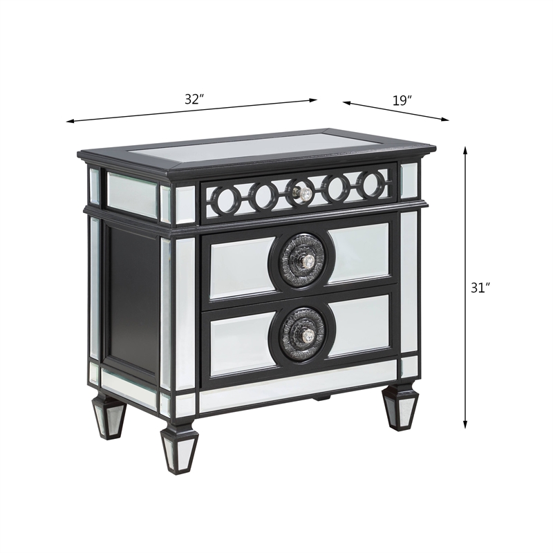 Bowery Hill Mirrored 3-Drawer Wooden Nightstand in Black and Silver