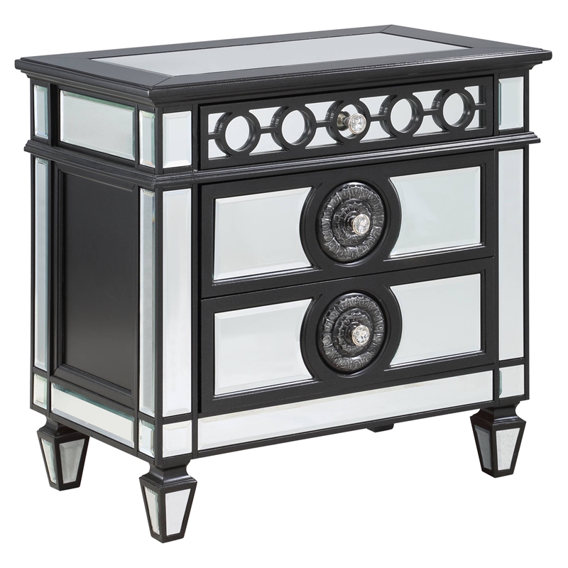 Bowery Hill Mirrored 3-Drawer Wooden Nightstand in Black and Silver