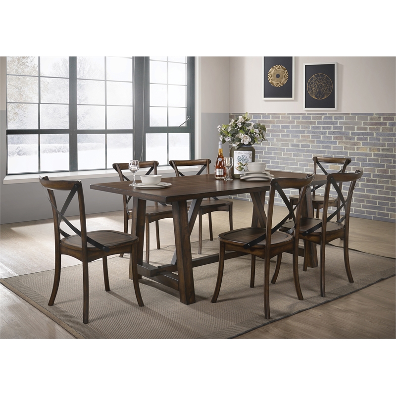 Bowery Hill Rectangular Wooden Trestle Base Dining Table in Dark Oak