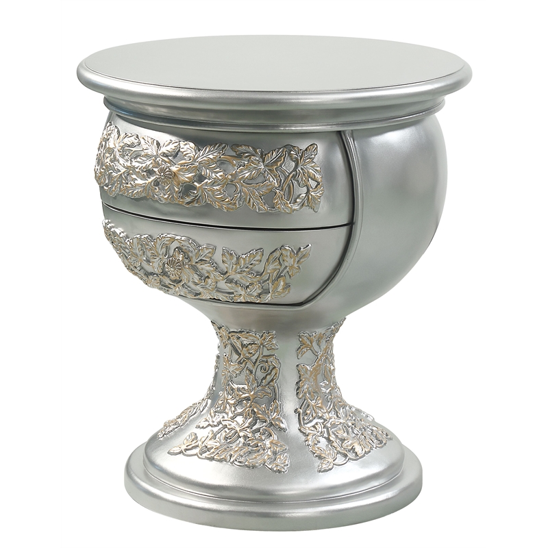 Bowery Hill Wooden Storage Nightstand with Floral Ornament in Champagne