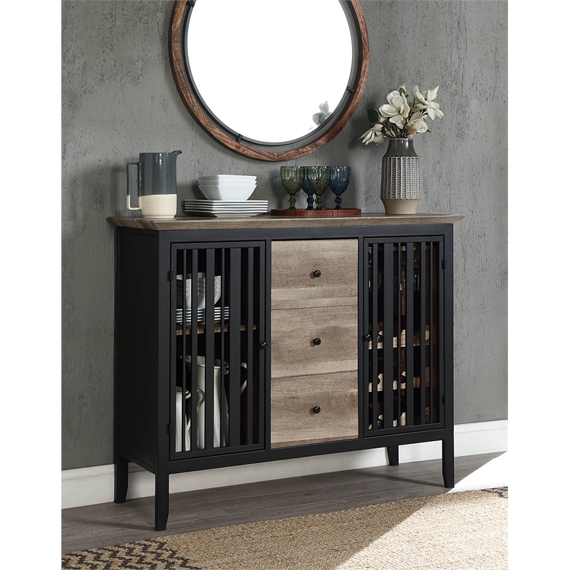 Bowery Hill Wooden Server with 3 Drawers in Antique Oak and Black