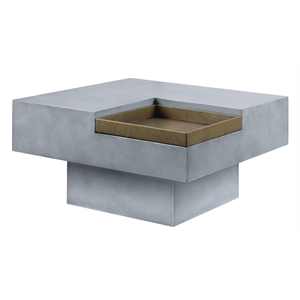 Bowery Hill Square Cement Coffee Table with Gold Tray in Weathered Gray