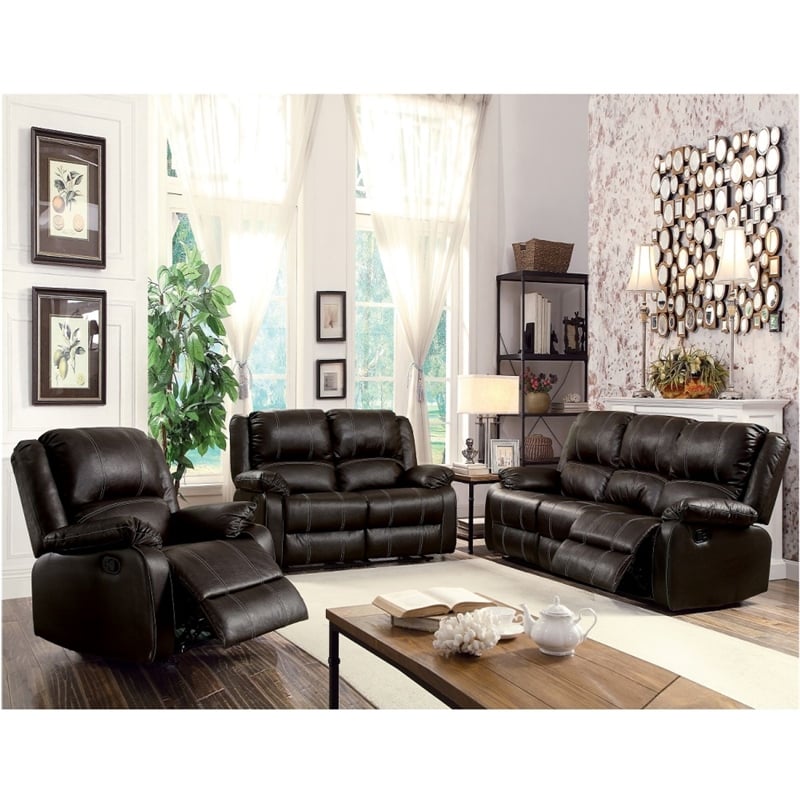 Bowery Hill Contemporary PU Faux Leather Upholstered Motion Sofa in Brown