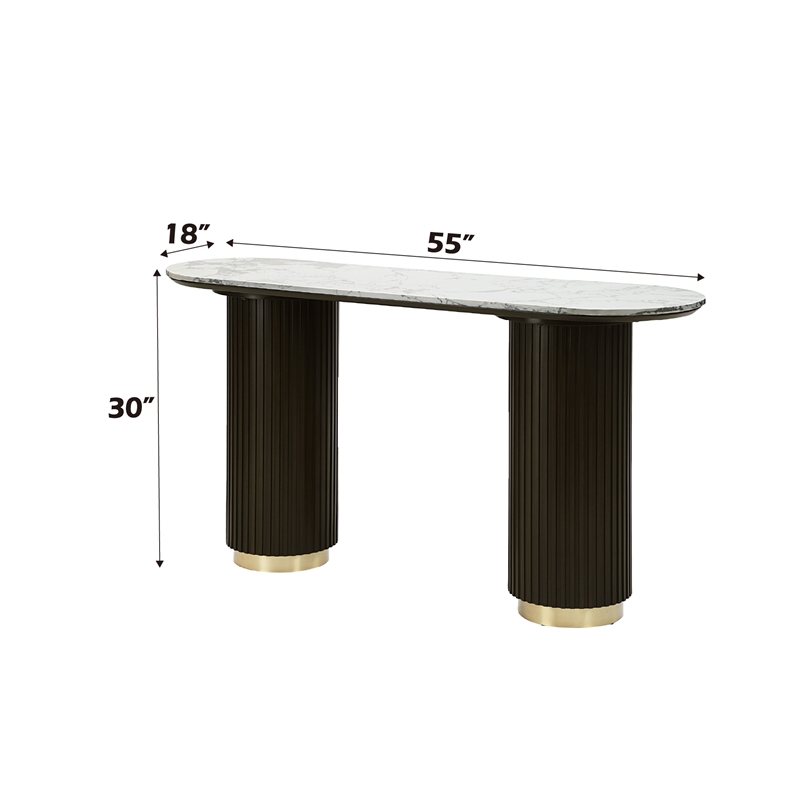 Bowery Hill Wood and Artificial Marble Sofa Table in White and Espresso